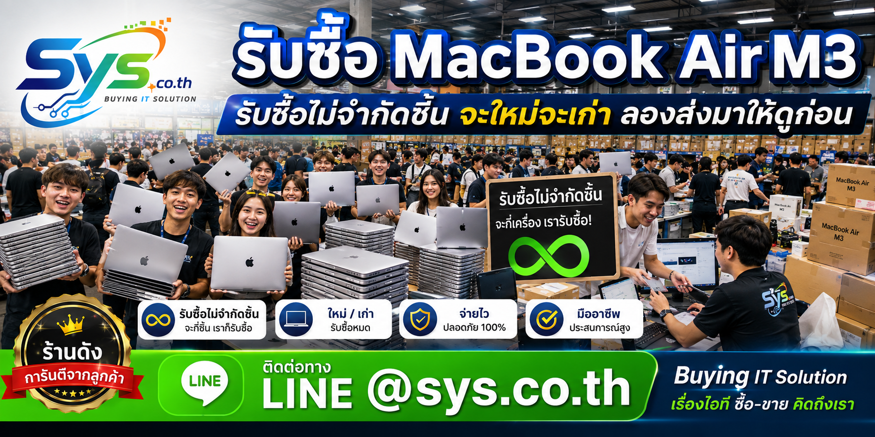 รับซื้อ MacBook Air M3 ไม่จำกัดจำนวน รายเครื่องและยกล็อต sys.co.th